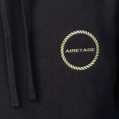 Zoomed in Airetage Hemp Clothing Logo on Hoodie